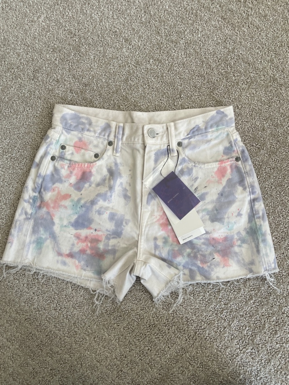 John Elliot Tie-Dye Frayed Hem Denim Shorts